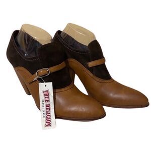 True Religion Dark Academia Brown Leather Suede Heeled Ankle Mary Jane Boots